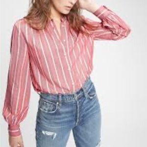 Gap Shirred Button Front Top Red White Stripe Mandarin Collar Sz M Long Sleeve